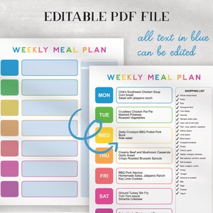 Weekly Meal Plan Template - Family Meal Planner - Edit all text in blue highlight and plan your weekly menu