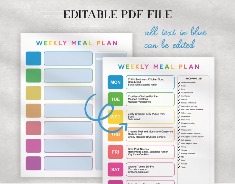 Weekly Meal Plan Template - Family Meal Planner - Edit all text in blue highlight and plan your weekly menu