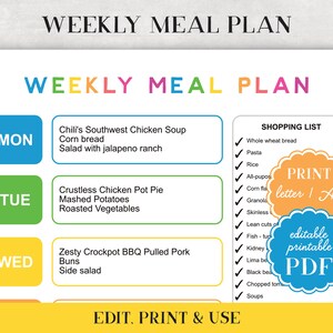 Weekly Meal Plan Template - Your minimalist Family Meal Planner with rainbow colors, simple digital PDF to edit and print