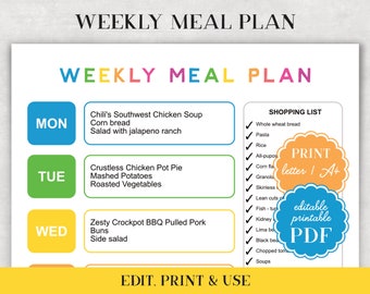 Plantilla de plan de comidas semanal - Planificador de comidas familiares - Gráfico de programación en PDF editable