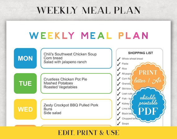 Weekly Meal Plan Template - Family Meal Planner - Editable PDF Schedule Chart