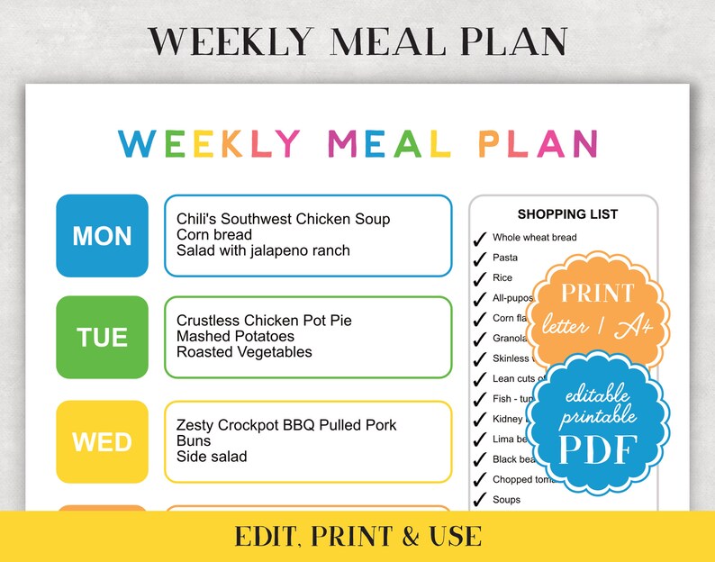 Weekly Meal Plan Template - Your minimalist Family Meal Planner with rainbow colors, simple digital PDF to edit and print