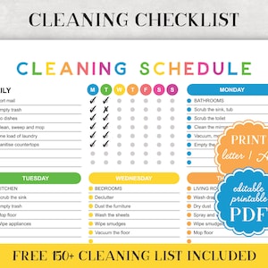 Afdrukbare checklist voor het schoonmaakschema - bewerkbare dagelijkse, wekelijkse, maandelijkse planner - PDF-sjabloon voor gezinskarweien