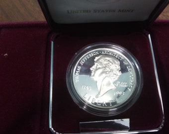 1993 Thomas Jefferson 250th Anniv Commem Silver Proof Dollar Coin NO BOX NO COA