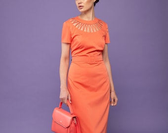 Designer elegant midi dress with short sleeves, Unique fitted dress for special occasion, Custom sheath dress for anniversary party