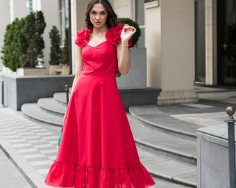 Summer cotton sundress for special occasions, Elegant custom red dress with ruffles, Exclusive designer dress for parties and holidays