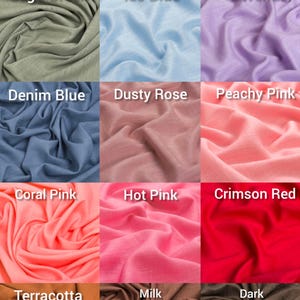 May include: A linen color palette featuring swatches of various colors, including off-white, cream, pastel yellow, sage green, ice blue, lavender, denim blue, dusty rose, peachy pink, coral pink, hot pink, crimson red, terracotta, milk chocolate brown, dark chocolate brown, emerald green, navy blue, and black.