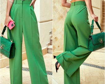Sleek high-waisted green pants for women, Comfy and classy wide leg pants with side pockets, Elegant office-ready palazzo trousers