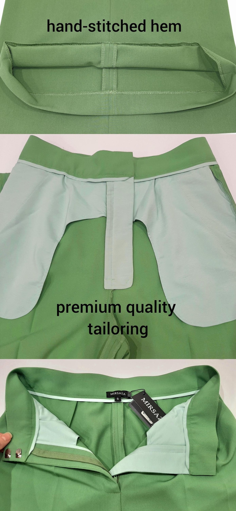 May include: Close-up of green pants with details of hand-stitched hem and premium quality tailoring. The pants have a light green interior lining. The brand tag is visible. The pants are a solid color.