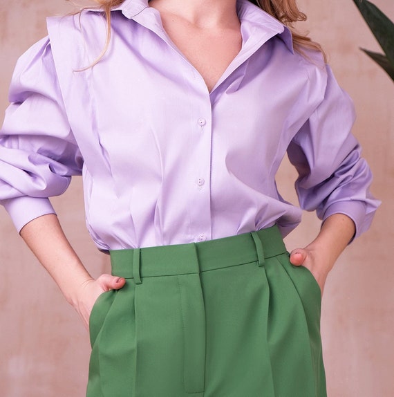 light purple dress shirt women's Elegant Lilac Shirt for Office and Everyday Style,trendy Blouse With Puff Sleeves for Office Wear, Minimalist Women's Shirt for Modern Looks