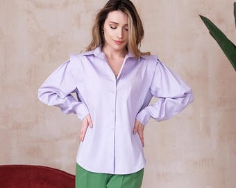 Modern blouse with puff sleeves for office wear,Elegant lilac shirt for office and everyday style, Minimalist women's shirt for modern looks