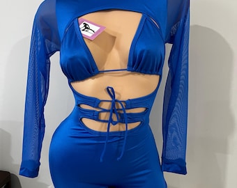 May include: A royal blue one-piece jumpsuit with a mesh long-sleeve top. The jumpsuit has a cut-out design at the chest and waist, with a lace-up detail at the waist.