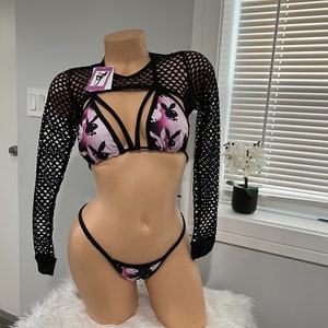 Black cropped fishnet biquíni 3 pcs set