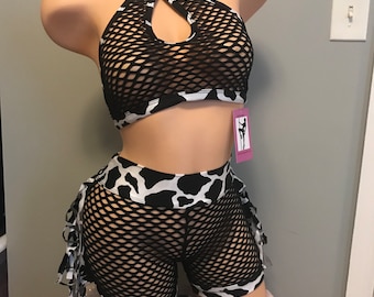 Roupa de stripper arrastão com franja