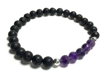 Faceted Amethyst with Lava Rock Bracelet. High Quality Genuine Healing Crystal Jewelry. Essential Oil Diffuser Bracelet. Amethyst Bracelet.