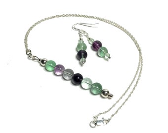 Rainbow Fluorite Necklace and Earrings Set. High Quality Genuine Grade AA Crystal Jewellery. Pendant Necklace with Sterling Silver Chain.