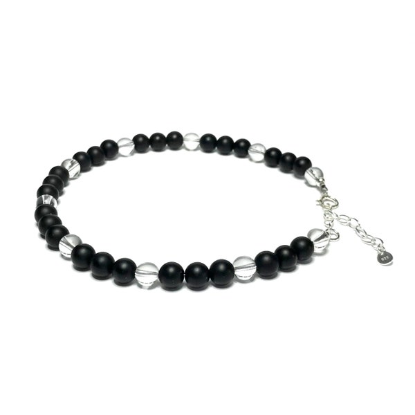 Matte Onyx Anklet with Sterling Silver. High Quality Beaded Ankle Bracelet. Crystals for Capricorn. Leo Jewelry. Best Friend Birthday Gifts.