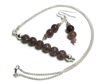 Lepidolite Necklace and Earrings Set. Genuine Crystal Jewellery. Pendant Necklace with Sterling Silver Chain. 21st Birthday Gift for Her.