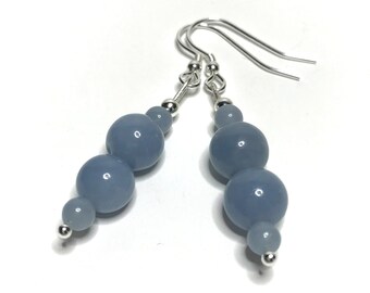 Angelite Earrings. High Quality Genuine Natural Healing Crystal Drop Earrings. Handmade Aquarius Birthstone Beaded Dangle Earrings.