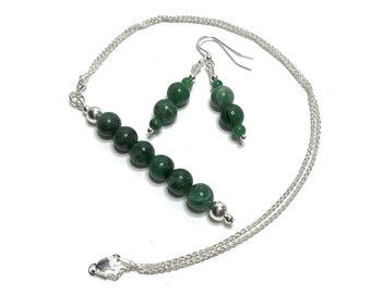 African Jade Necklace and Earrings Set. High Quality Genuine Grade A Crystal Jewellery. Verdite Pendant Necklace with Sterling Silver Chain.