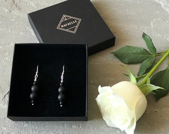 7th Anniversary Gift. Matte Onyx Earrings. Beaded Dangle Earrings with Sterling Silver. Handmade Genuine Natural Healing Crystal Jewellery.