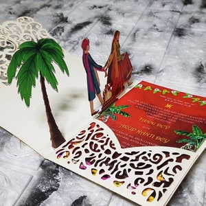 Trifold popup Wedding Card Invitation Laser cut ,New Personalized  invitation , Unique indian  pop up ,Laser print  couple palm tree Hindu