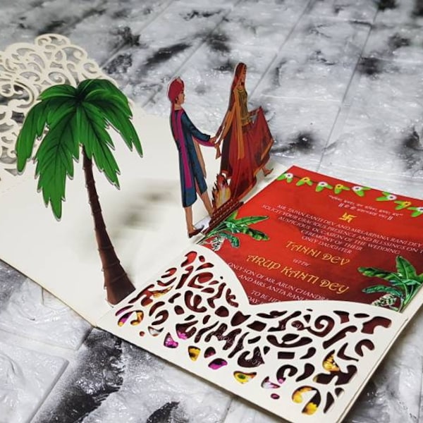 Trifold popup Wedding Card Invitation Laser cut ,New Personalized  invitation , Unique indian  pop up ,Laser print  couple palm tree Hindu