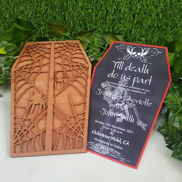 Coffin wooden wedding goth Invitation Laser cut Personalized, Till death Do us part,gothic Wedding invitations Spider Fear