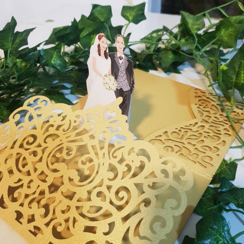 Custom made Trifold popup Wedding Card Invitation Laser cut New Personalized Rustic Unique couple pop up Laser print pop up