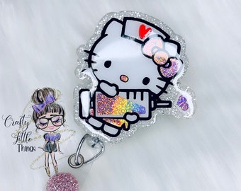 Pink Holographic Cat Nurse Badge Reel- Cat Badge Reels- Nurse Badge Reels- Phlebotomist Badge Reels- Kitty Badge Reels