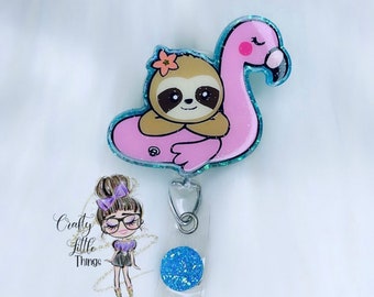 Sloth in Flamingo Float Badge Reel- Summer Badge Reels- Sloth Badge Reels- Flamingo Badge Reels- Animal Badge Reels