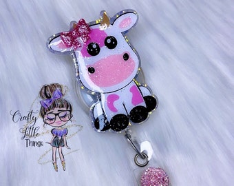 Cute Pink Cow Badge Reel- Cow Badge Reels- Strawberry Cow Badge Reels- Farm Badge Reels- Animal Badge Reels