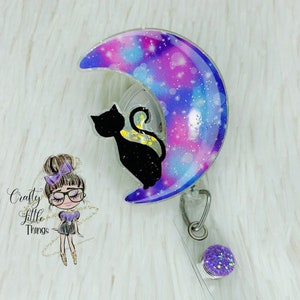Black Cat on Colorful Moon Badge Reel- Black Cat Badge Reels- Halloween Badge Reels- Fun Badge Reels
