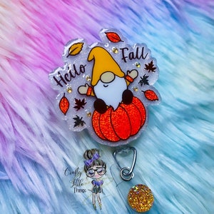 Hello Fall Gnome with Pumpkin Badge Reel- Fall Badge Reels- Gnome Badge Reels- Thanksgiving Badge Reels- Pumpkin Badge Reels-