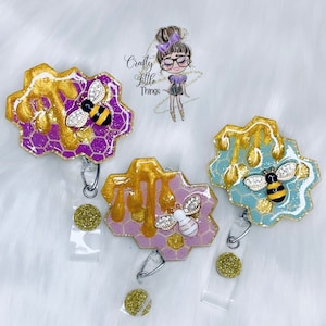 Honeycomb with Bee Charm Badge Reel- Bee Badge Reels- Honeycomb Badge Holders- Insect Badge Reels