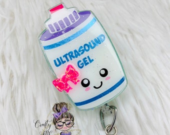Lindo carrete de insignia con forma de botella de gel para ultrasonidos - Carrete de insignia para ecografistas - Carrete de insignia médica