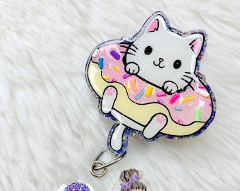 Cute Donut Kitten Badge Reel- Cute Badge Reels- 3D Badge Reels- Cat Badge Reels- Food Badge Reels