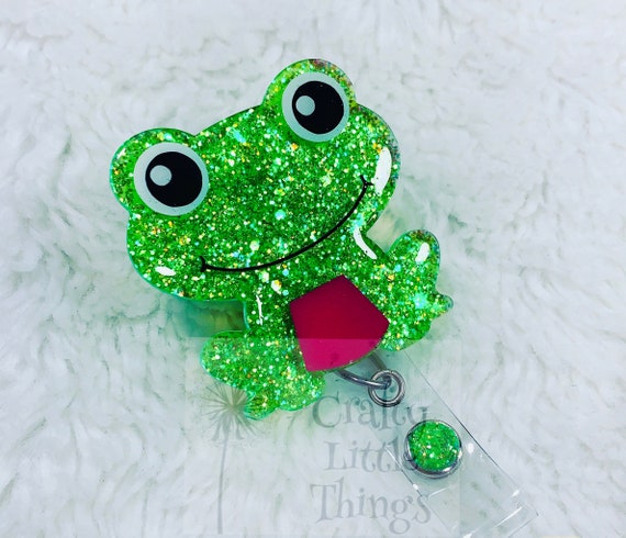 Bright Green Frog ID Badge Reel- Green Frog Glitter ID Badge Reel Holder