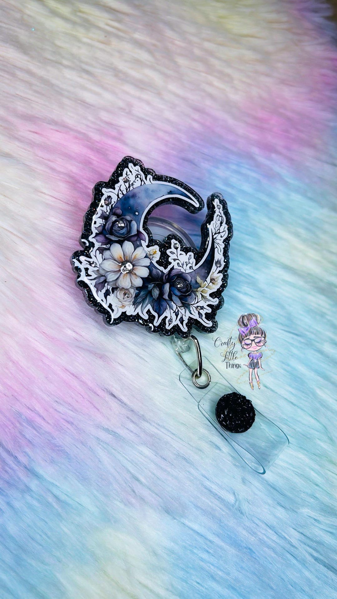 Black Floral Crescent Moon Badge Reel- Moon Badge Reels- Rhinestone ...