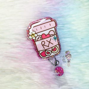 Girly RX Bottle Badge Reel- Medicine Bottle Badge Reel- Pill Bottle Badge Reel- Pharmacist Badge Reel- Pharmacy Badge Reels