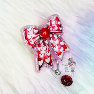 Red Hearts Bow Badge Reel- Girly Badge Reels- Ribbon Badge Reels- Bow Badge Reels