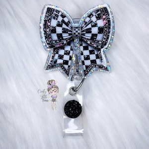Sparkle Black and White Checkered Bow Badge Reel- Girly Badge Reels- Ribbon Badge Reels- Bow Badge Reels