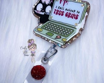 I Fall Asleep to True Crime Badge Reel- True Crime Badge Reel- Funny Badge Reels- Cat Badge Reels