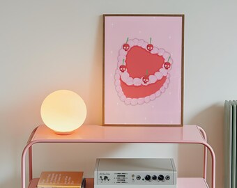 Pink Red Cake Print | Skull Cherries Pastel Goth Wall Art (Digital Download)