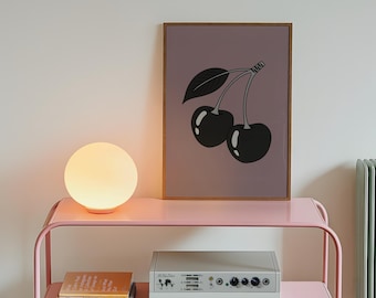 Lámina artística de cerezas en negro y gris: arte mural en gris oscuro / Decoración alternativa encantadora / Lámina moderna y maximalista para el hogar