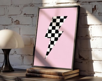 Black & White Checkered Lightning Bolt Print | Alternative Home Interior | Soft Goth Aesthetic | Maximalist Home Decor | New Home Gift
