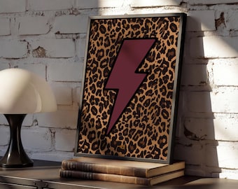 Lámina artística con estampado de leopardo y rayo / Arte alternativo para pared / Póster de estética indie / Arte de pared con estampado animal / Decoración rockera