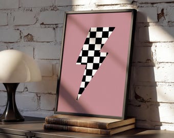 Geruite bliksemschichtprint | Alt-muurkunst | Indie esthetische poster | Rode achtergrond muurkunst | Rock Chick-decor