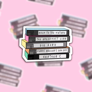 80's Films VHS Tape Stack Sticker | Vinyl Die Cut Sticker in Glossy White or Transparent Finish | Cartoon Art Gift for Friend | 90s
