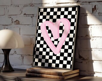 Black &  White Checkered Heart Print | Alternative Home Interior | Soft Goth Aesthetic | Maximalist Home Decor | New Home Gift